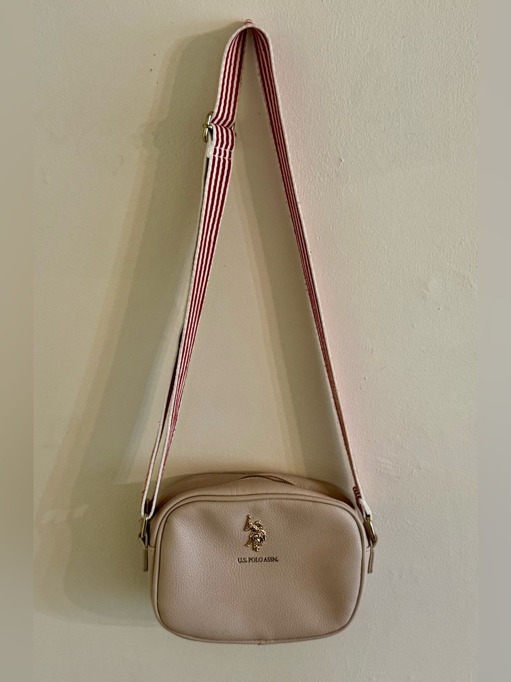 U.S. Polo Assn. Cream Crossbody Bag with Red-Striped Strap NWOT